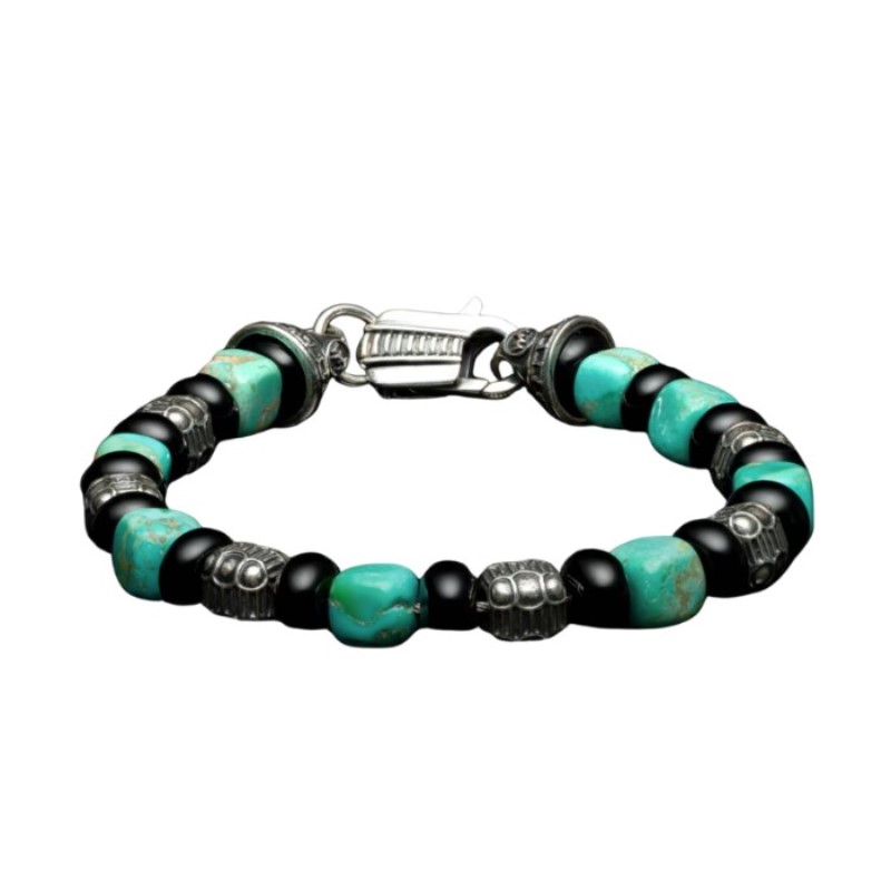 William Henry Shadowline Beaded Bracelet with Kingman Turquoise  Black Onyx  and Silver Beads